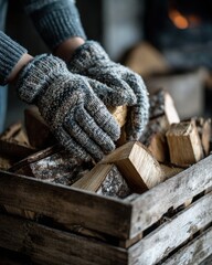 Cozy winter fireplace scene with firewood in rustic wooden box