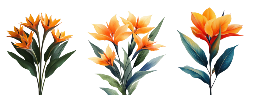 Three stylized orange flowers with green leaves, PNG, isolated on transparent background. - Powered by Adobe