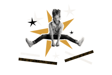 Composite photo collage of excited wild happy man jump rock concert fan crazy party rock roll event isolated on painted background