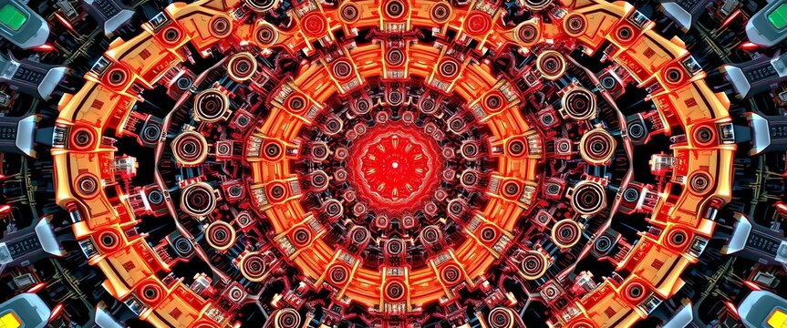 Infinitely repeating robotic elements form a cohesive, geometric pattern,  fiction,  cog