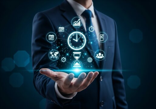 "A businessman in a suit with his palm open, displaying a futuristic hologram of a clock and an hourglass surrounded by business and productivity icons like graphs, calendars, and checklists. This ima