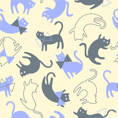 Seamless childish vector pattern with cute cats with bows