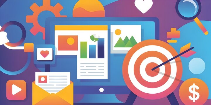 Digital marketing strategy with target achievement and data analysis on computer screen