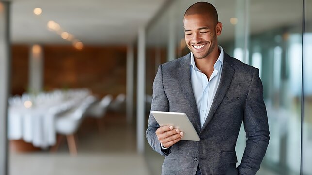 Professional man in suit using tablet and smiling in modern office space with elegant dining setup in background - Powered by Adobe