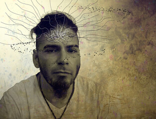 Creative concept of a man with abstract lines and birds emerging