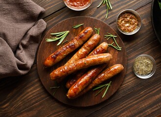 Grilled juicy sausages on platter on wooden background