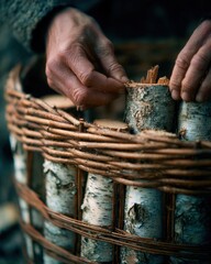 Hands arranging birch firewood in wicker basket for rustic home heating
