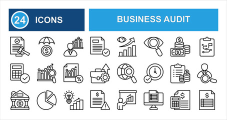 Minimalist business audit line icon set with editable stroke, featuring legal, financial protection, analytics, transparency, planning, confirm, observation, and solution in clean thin linear style.