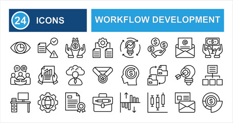 Minimalist business workflow development line icon set with editable stroke, featuring idea generation, project management, and investment projects in a clean thin linear illustration style.