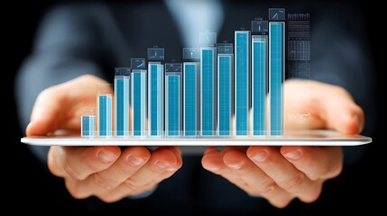 Hands Holding Tablet with Digital Bar Graph Displaying Growth Indicators in Business Environment
