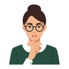Woman with glasses, bun, raises a finger to her lips gesturing silence