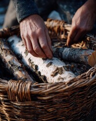 Rustic hands arranging firewood in a woven basket for cozy winter evening