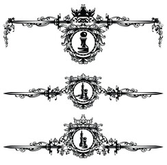 chess pawn and king pieces inside luxurious heraldic emblem with royal crown, roses and swords decor - sport game black and white vector calligraphic page divider design set