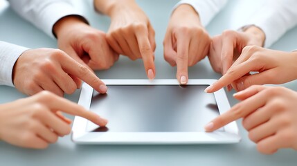 Group of Hands Pointing at Tablet Screen in Collaborative Technology Session for Digital Communication and Teamwork
