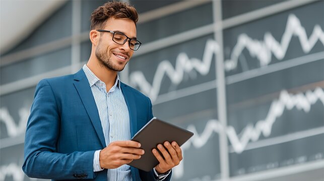 Businessman in Formal Suit Uses Tablet for Financial Analysis Against Stock Market Graph Background