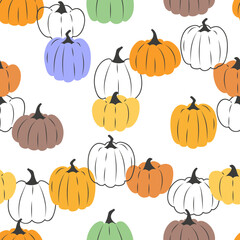 Seamless vector pattern with hand drawn colorful pumpkins. Perfect for Thanksgiving, Halloween print