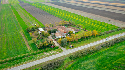 Aerial view of tractor as tow lawn mower machinery