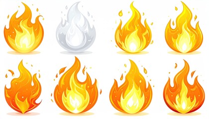 A collection of eight stylized flame illustrations, varying in color and shape, depicting different intensities and forms of fire against a white background