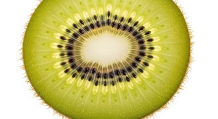 Closeup Fresh Green Kiwi Fruit Slice Showing Black Seeds and Juicy Interior
