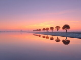 Fototapeta premium Tranquil Lakeside Sunrise Scene Reflecting Sky Trees and Mist in the Water