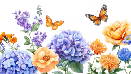 A arrangement of colorful flowers including hydrangeas. peonies. and marigolds. with butterflies fluttering above. set against a clean white background. ideal for decorative or artistic use