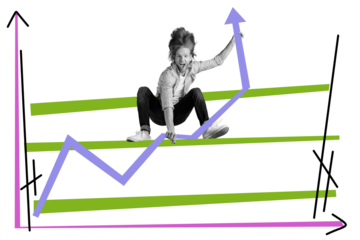 Creative collage picture young man statistics growth improvement development positive results energetic crazy ambitious