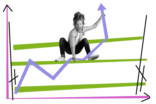 Creative collage picture young man statistics growth improvement development positive results energetic crazy ambitious