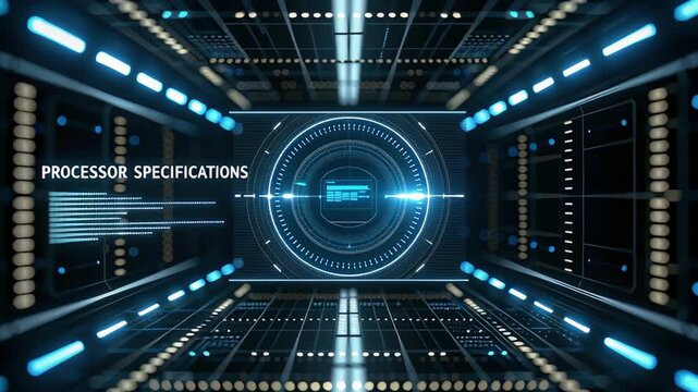 Futuristic technology background with glowing processor core interface cyber tunnel data flow digital grid immersive depth focus energy motion neon