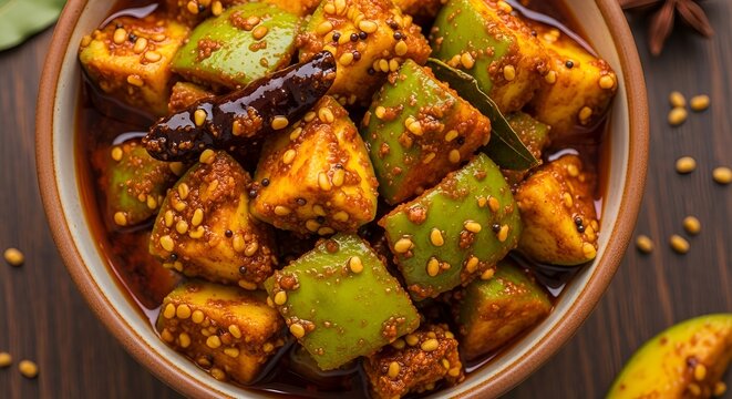 Delicious mango pickle recipe indian cuisine traditional food spicy homemade raw mango achar asian side dish