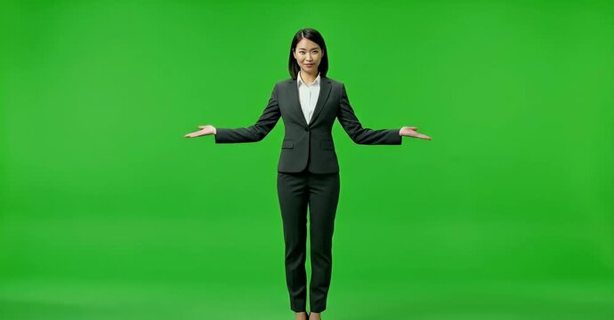 Businesswoman in suit presenting with arms outstretched on green screen.