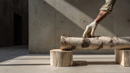 Minimalist design with rustic birch wood logs on concrete surface