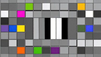 A color chart composed of numerous small squares, predominantly grayscale, with vibrant color blocks in the corners.  Central vertical bars show varied shades of gray and white