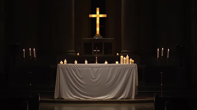 Dramatic church altar with illuminated cross and candles in dark sanctuary