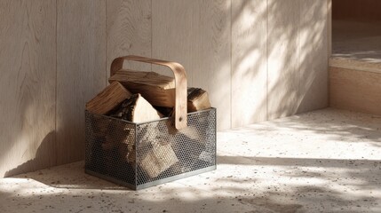 Basket of firewood in sunlit minimalist interior for home decor