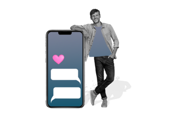 Composite trend artwork image photo collage of silhouette young man stand hand hold smartphone display chatting cloud app date heart love
