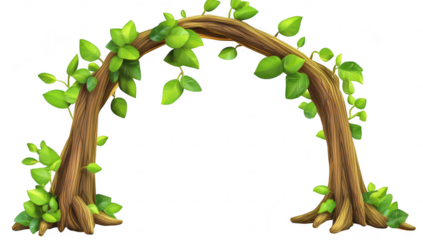 A whimsical archway made of intertwined wooden branches adorned with green leaves. set against a plain background. suggesting a magical entrance to a forest or garden