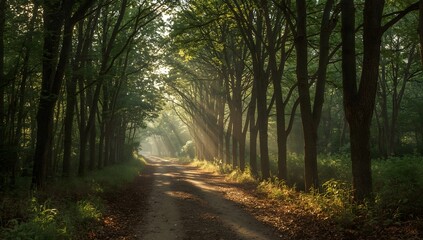 Obraz premium Quiet Forest Path with Dappled Sunlight