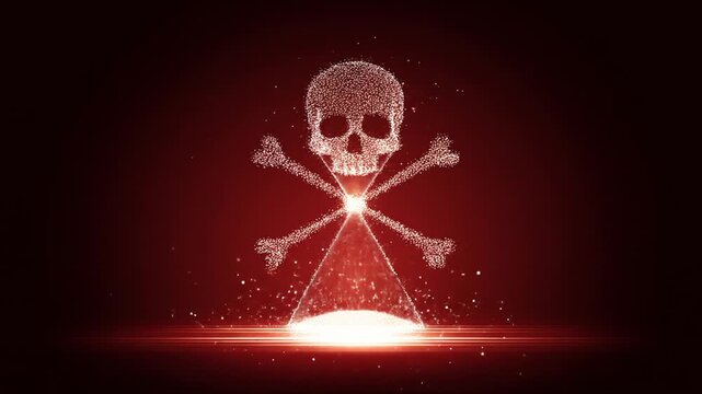 Animated skull and crossbones symbol against a red background