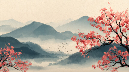 Traditional japanese landscape with cherry blossoms, misty hills, and watercolor textures