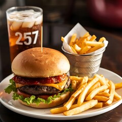 Delicious double cheeseburger with crispy fries and refreshing iced tea perfect meal