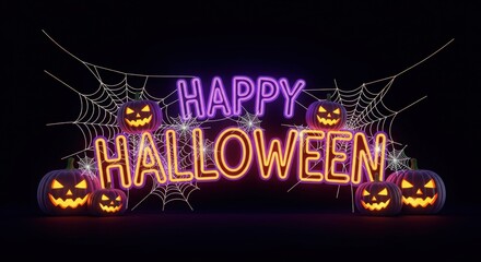 Spooky Halloween vibes with glowing pumpkins and neon lights, perfect for seasonal promotions or festive celebrations, adding a touch of frightful fun
