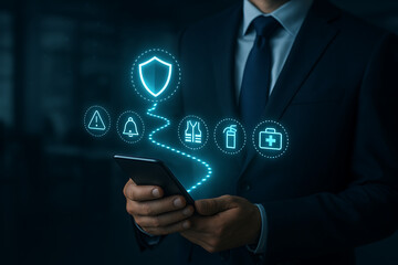 Fototapeta premium A businessman using a smartphone with a glowing safety path and icons for shield, warning, bell, safety vest, fire extinguisher, and first aid kit, depicting mobile security and emergency services