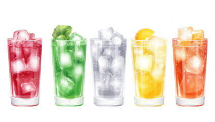 A assortment of colorful beverages in tall glasses filled with ice. refreshing drinks in red. green. clear. yellow. and orange hues. ideal for summer gatherings and parties