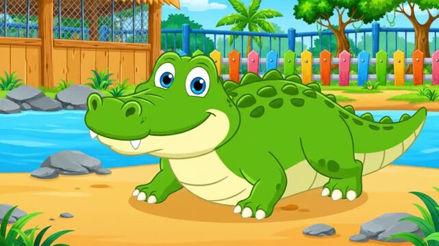 A charming green cartoon alligator with a friendly smile stands confidently by a serene riverbank, surrounded by rocks and a colorful fence in a vibrant outdoor setting.