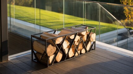 Firewood storage rack by modern patio deck with glass railing in sunny outdoor setting