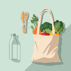Vibrant vegetables in reusable tote bag with wooden cutlery and milk bottle promotes healthy eating and sustainable lifestyle choices