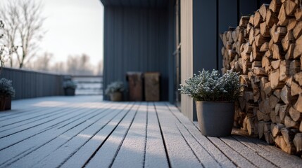 Winter wood storage with snow on modern timber terrace for outdoor design