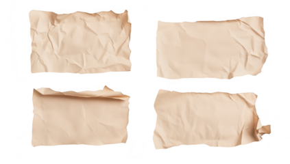 A collection of four crumpled. beige paper sheets arranged on a white background. their textured surfaces and organic shapes. ideal for backgrounds or design elements