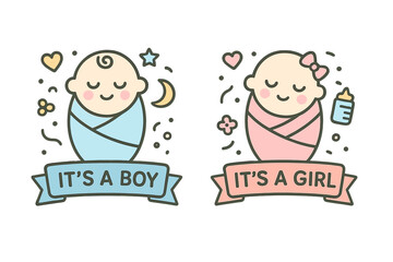 It's a boy and it's a girl gender reveal icon set. Cute newborn baby shower vector graphics. Minimal line art illustrations for announcements, invitations, and decorations.