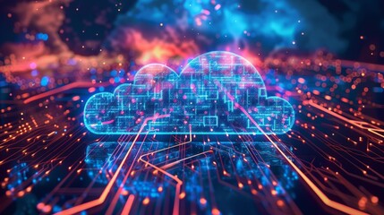 A digital cloud of glowing dots and lines will highlight the themes of cloud technologies, data storage, and modern IT solutions.